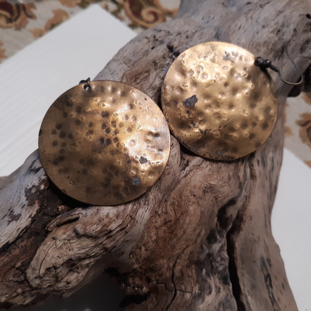 Hammered Oxidized Large Brass Disk Earrings 12$